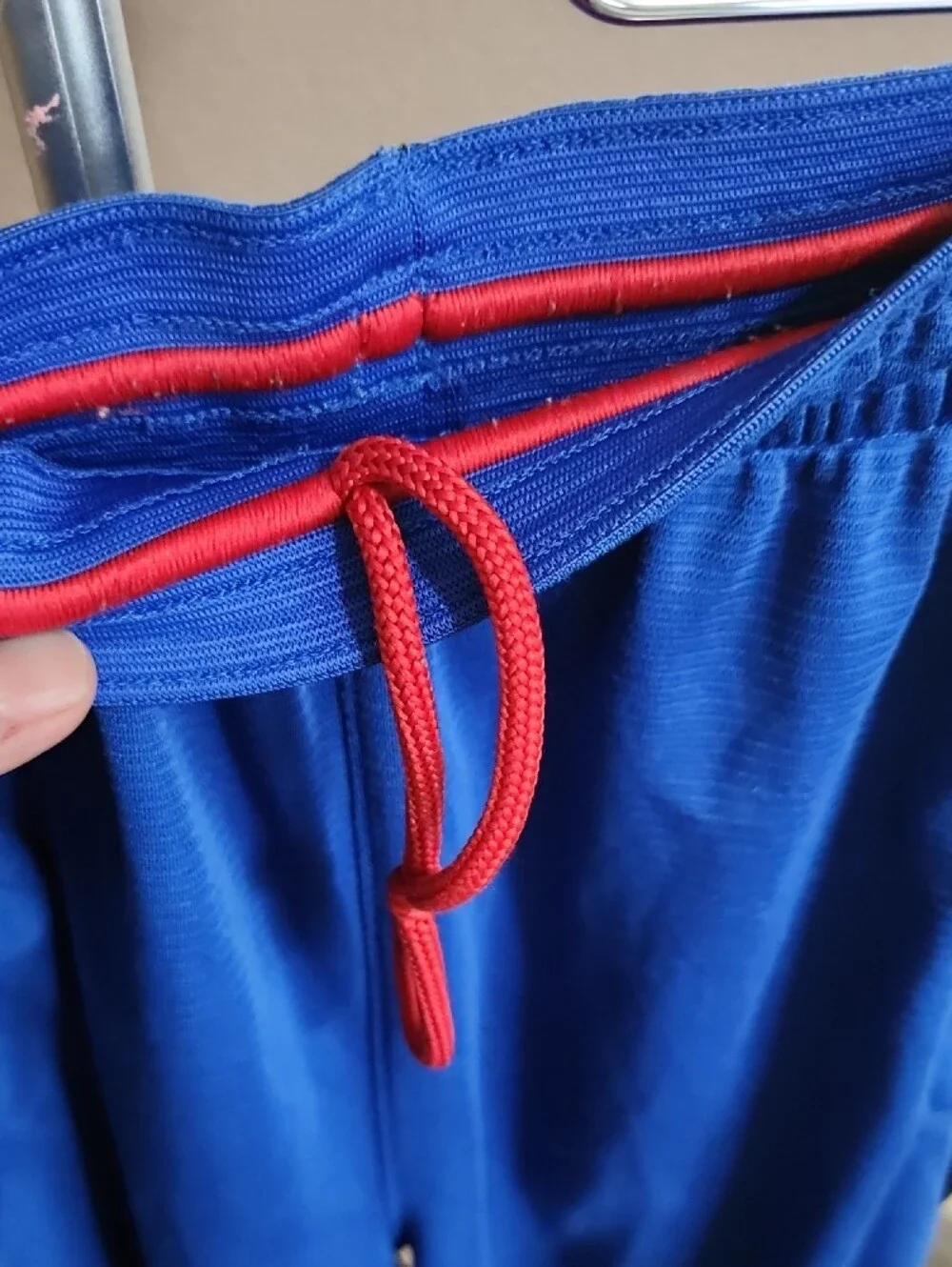 Nike Men’s Blue and Black Athletic Shorts with Red Swoosh